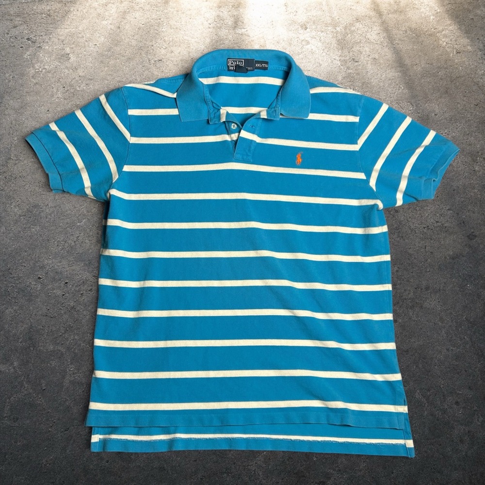 Polo Ralph Lauren Striped Polo Shirt Blue White Orange Pony XXL Y2K Retro